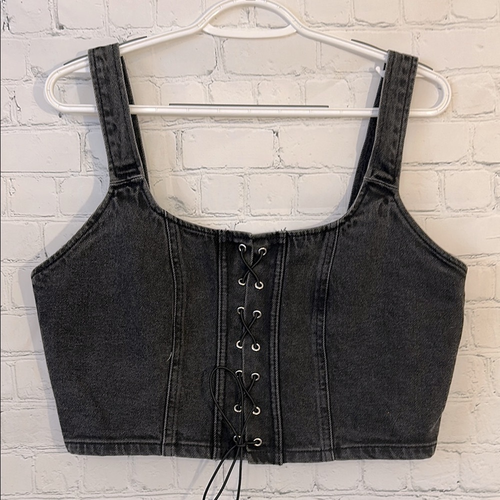wild fable Black Lace-Up Denim Crop Top